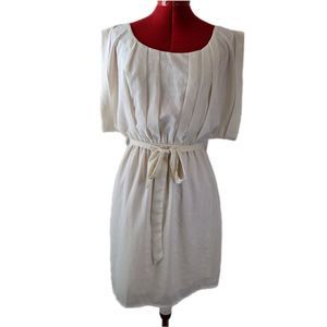 Ya Los Angeles cream silk blend pleated smock front short sleeve tie waist dress